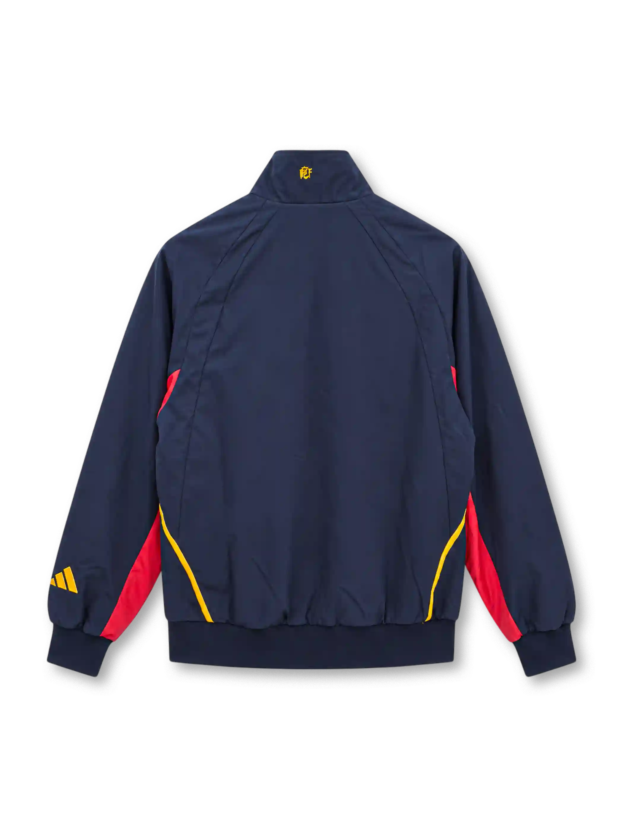 Front view of the Spain 2026 adidas EQT track jacket in navy blue with curved red and yellow shoulder stripes, yellow adidas chest logo, retro Spanish Football Federation crest, stand-up collar, full-length zipper, and ribbed cuffs.
