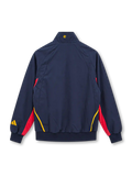 Front view of the Spain 2026 adidas EQT track jacket in navy blue with curved red and yellow shoulder stripes, yellow adidas chest logo, retro Spanish Football Federation crest, stand-up collar, full-length zipper, and ribbed cuffs.