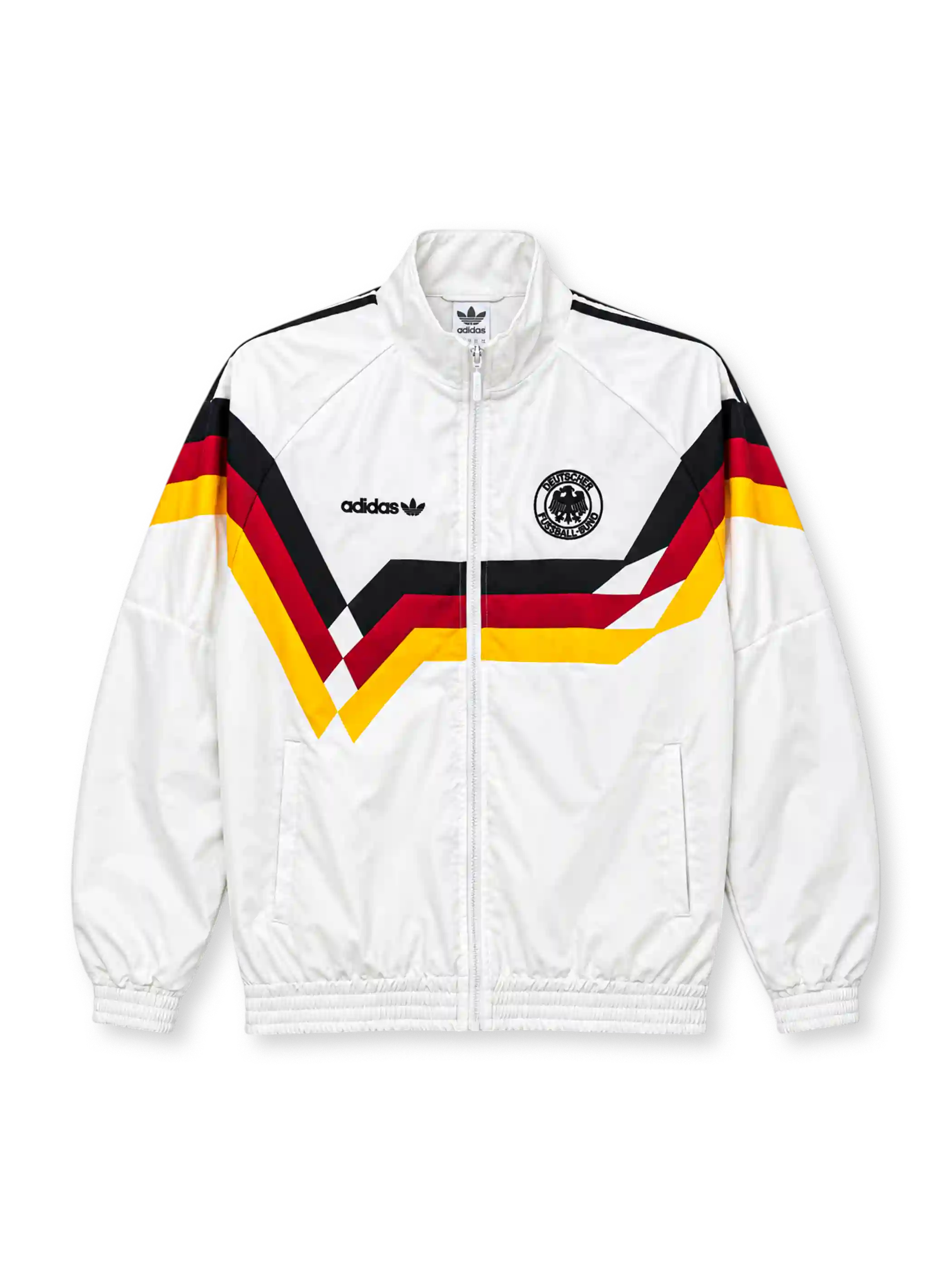 Front view of a white Germany 1990 World Cup retro track jacket featuring black, red, and gold chevron graphics across the chest and sleeves, a black adidas Trefoil logo, circular DFB crest, stand-up collar, full zipper, and elasticated cuffs.