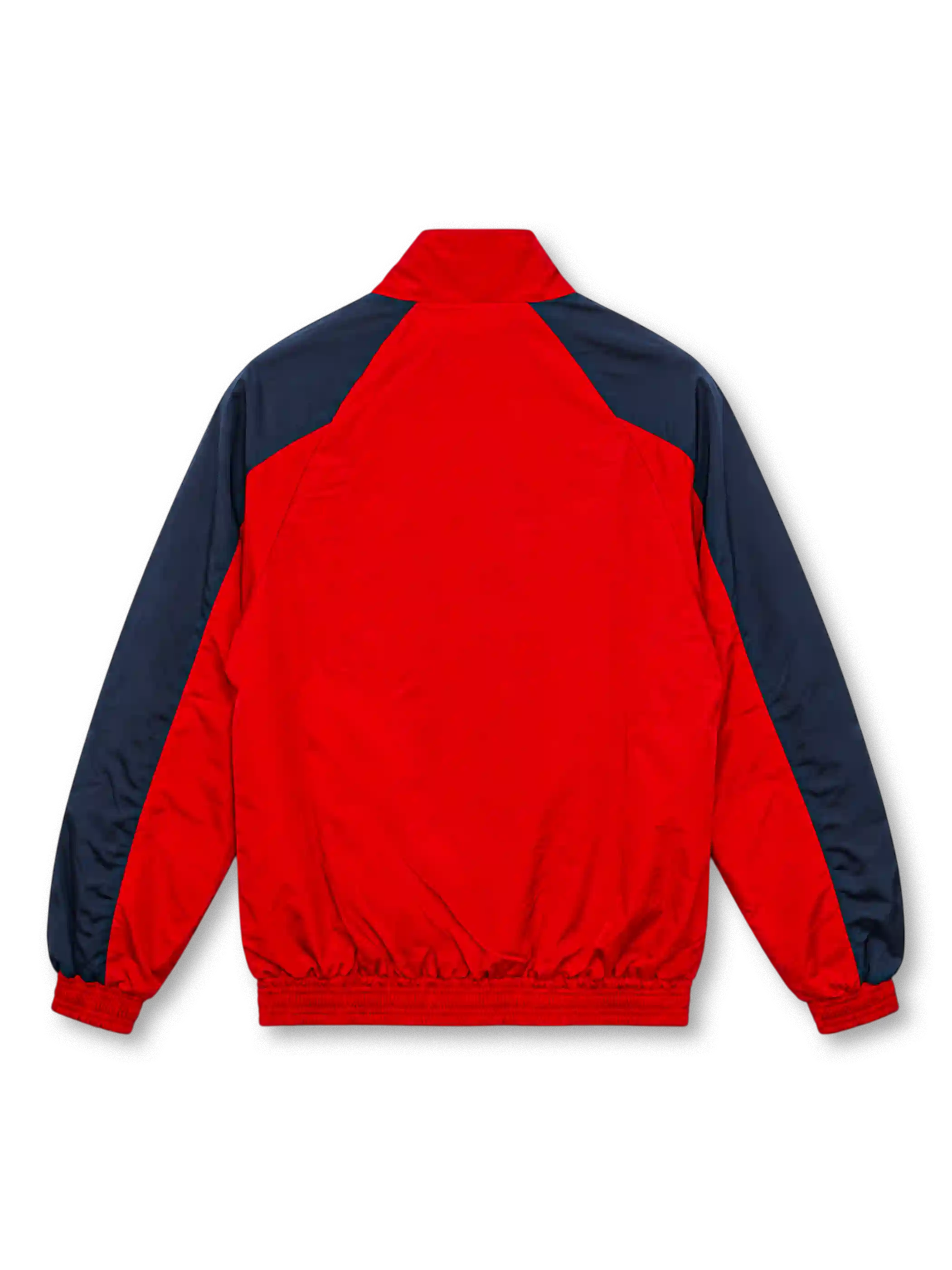Front view of the Arsenal 1996/97 retro track jacket featuring a red body, navy shoulder and sleeve panels, white Nike logo, vintage Gunners shield crest, high stand-up collar, front zipper, two side pockets, and elasticated cuffs.