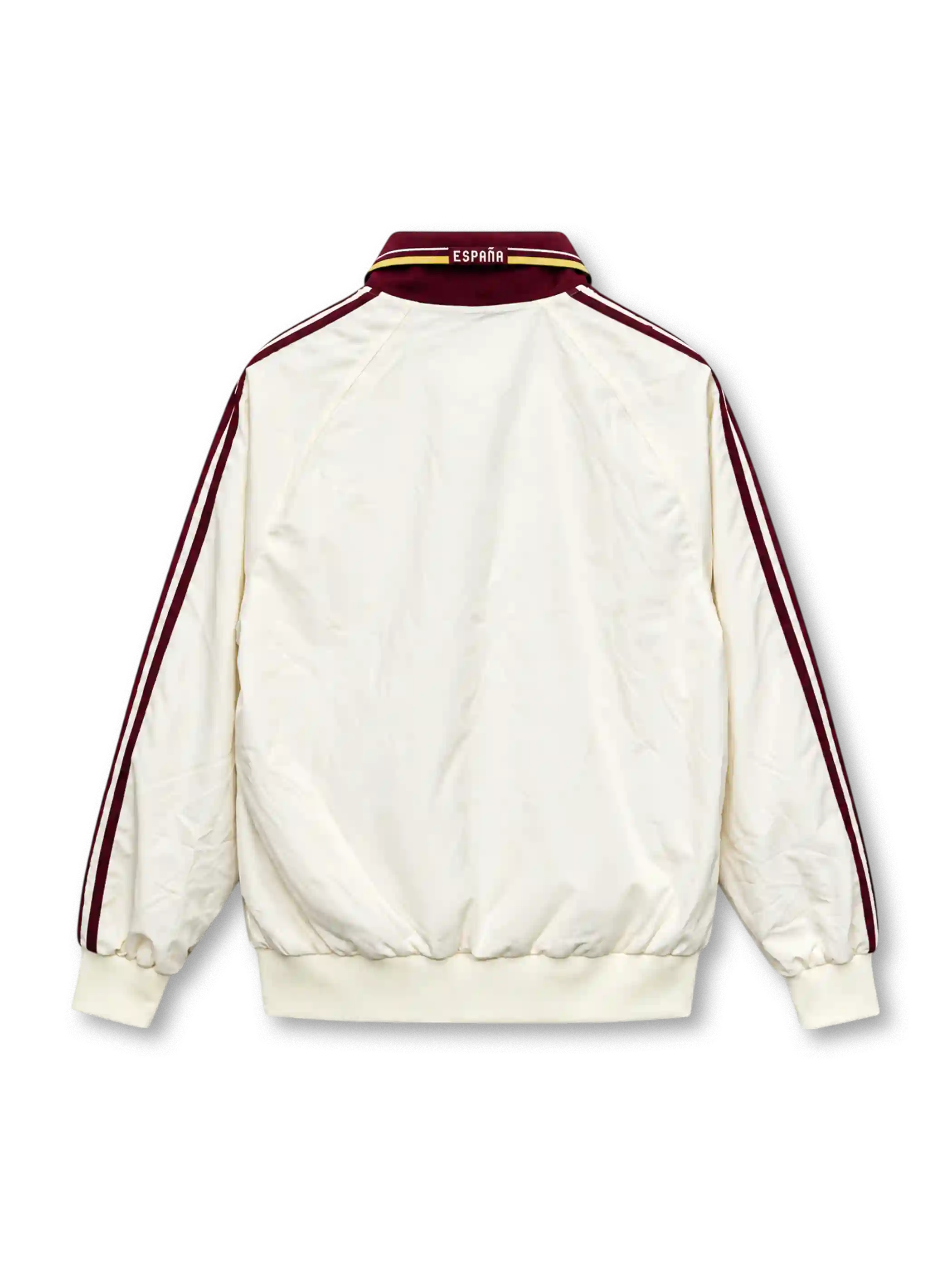 Front view of the Spain 2026 adidas Originals away anthem jacket in off white with burgundy shoulder stripes, burgundy fold-over collar, gold trim, Trefoil logo, Spanish federation crest with one star, front zipper, and ribbed cuffs.