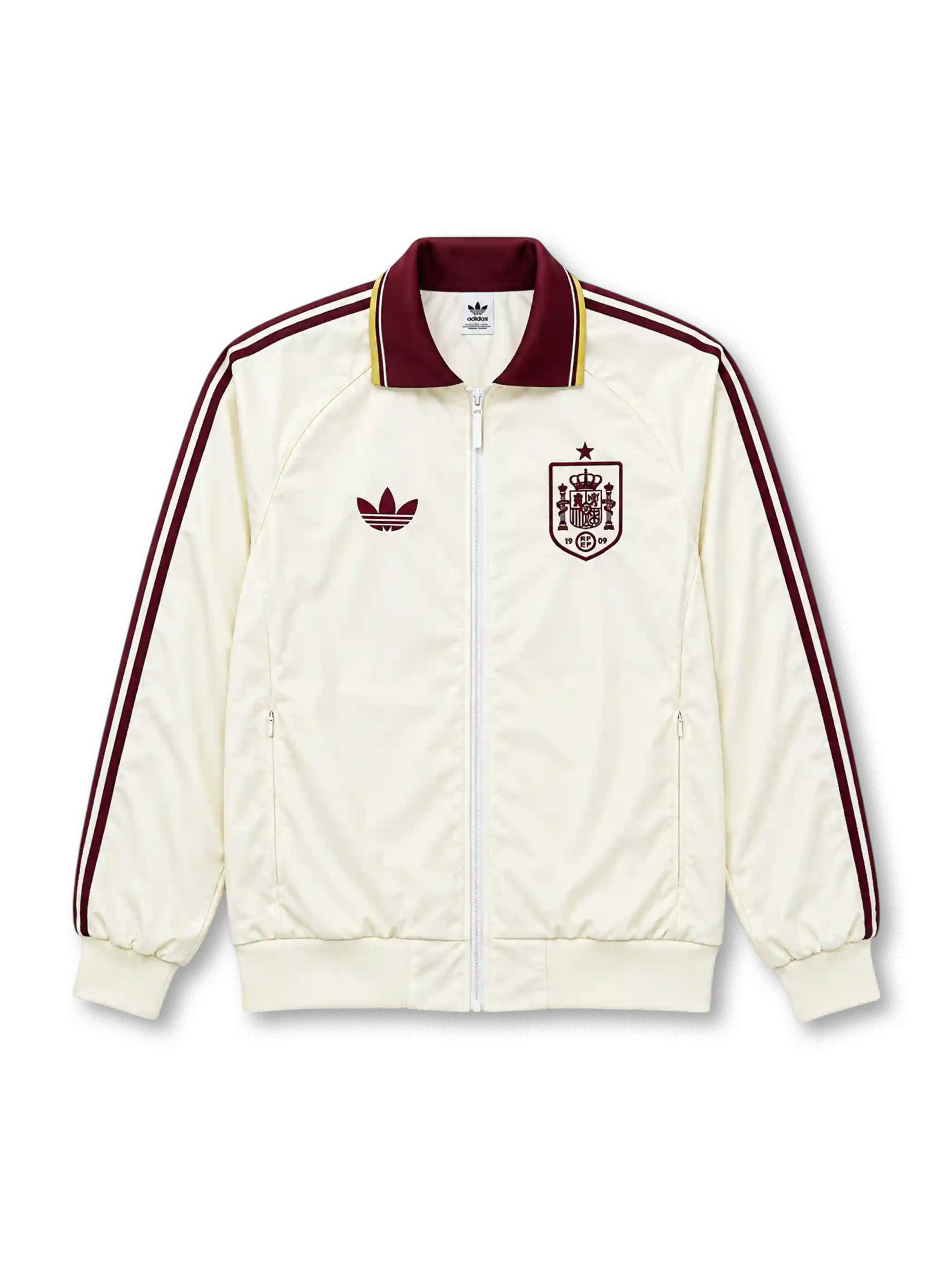 Front view of the Spain 2026 adidas Originals away anthem jacket in off white with burgundy shoulder stripes, burgundy fold-over collar, gold trim, Trefoil logo, Spanish federation crest with one star, front zipper, and ribbed cuffs.