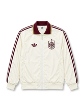 Front view of the Spain 2026 adidas Originals away anthem jacket in off white with burgundy shoulder stripes, burgundy fold-over collar, gold trim, Trefoil logo, Spanish federation crest with one star, front zipper, and ribbed cuffs.