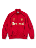 Front view of the dark red Arsenal FC graphic mock-neck jacket featuring gold AFC 1886 lettering, a gold Arsenal crest, large white and gold Gothic-style Arsenal typography, black curved piping, a stand-up collar, full zipper, and elasticated cuffs.