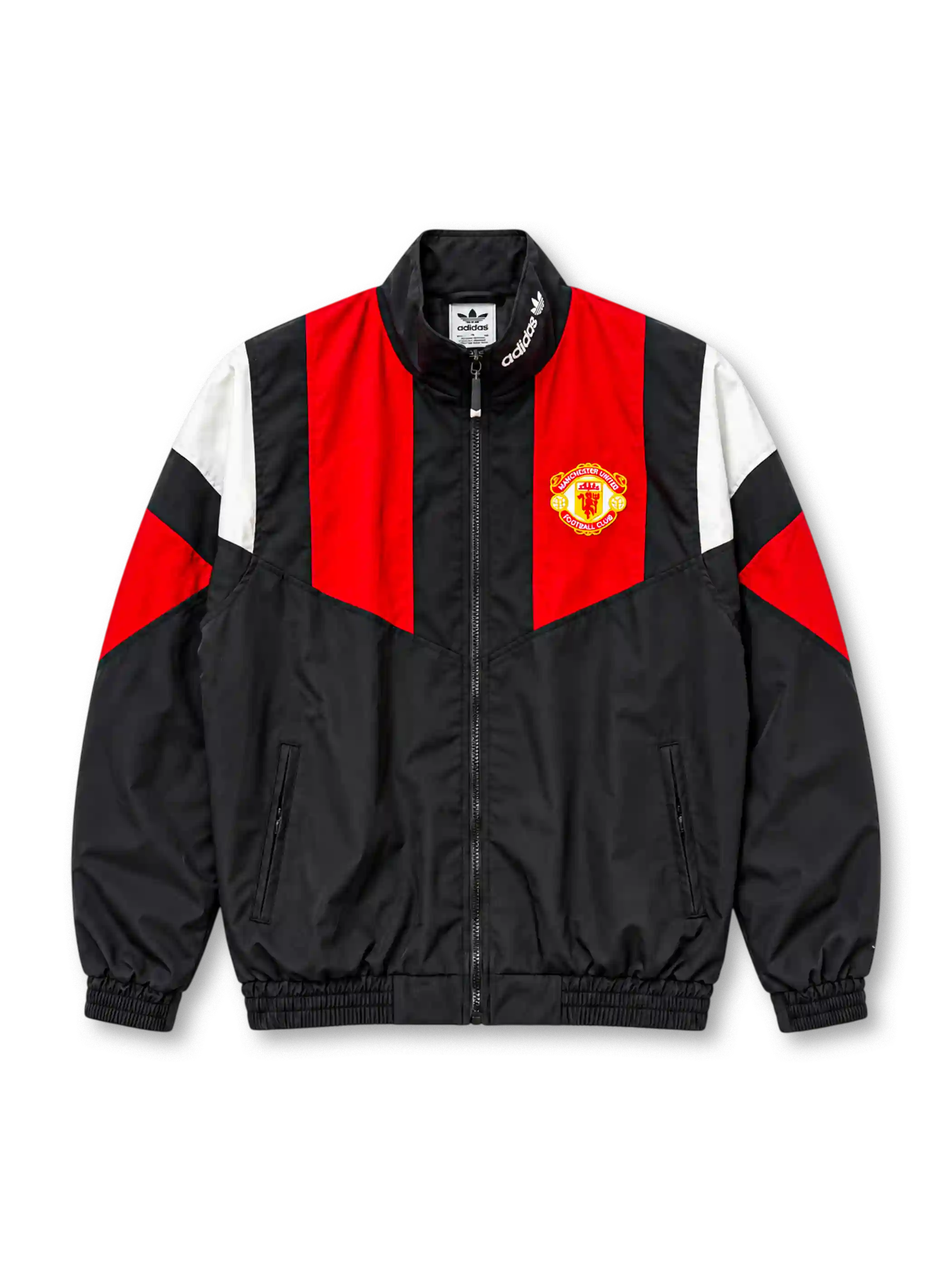 Front view of the Manchester United adidas Originals EQT track jacket in black with red chest panels, white and red geometric sleeve accents, club crest, white adidas Trefoil collar branding, full-length zipper, zippered pockets, and elasticated cuffs.
