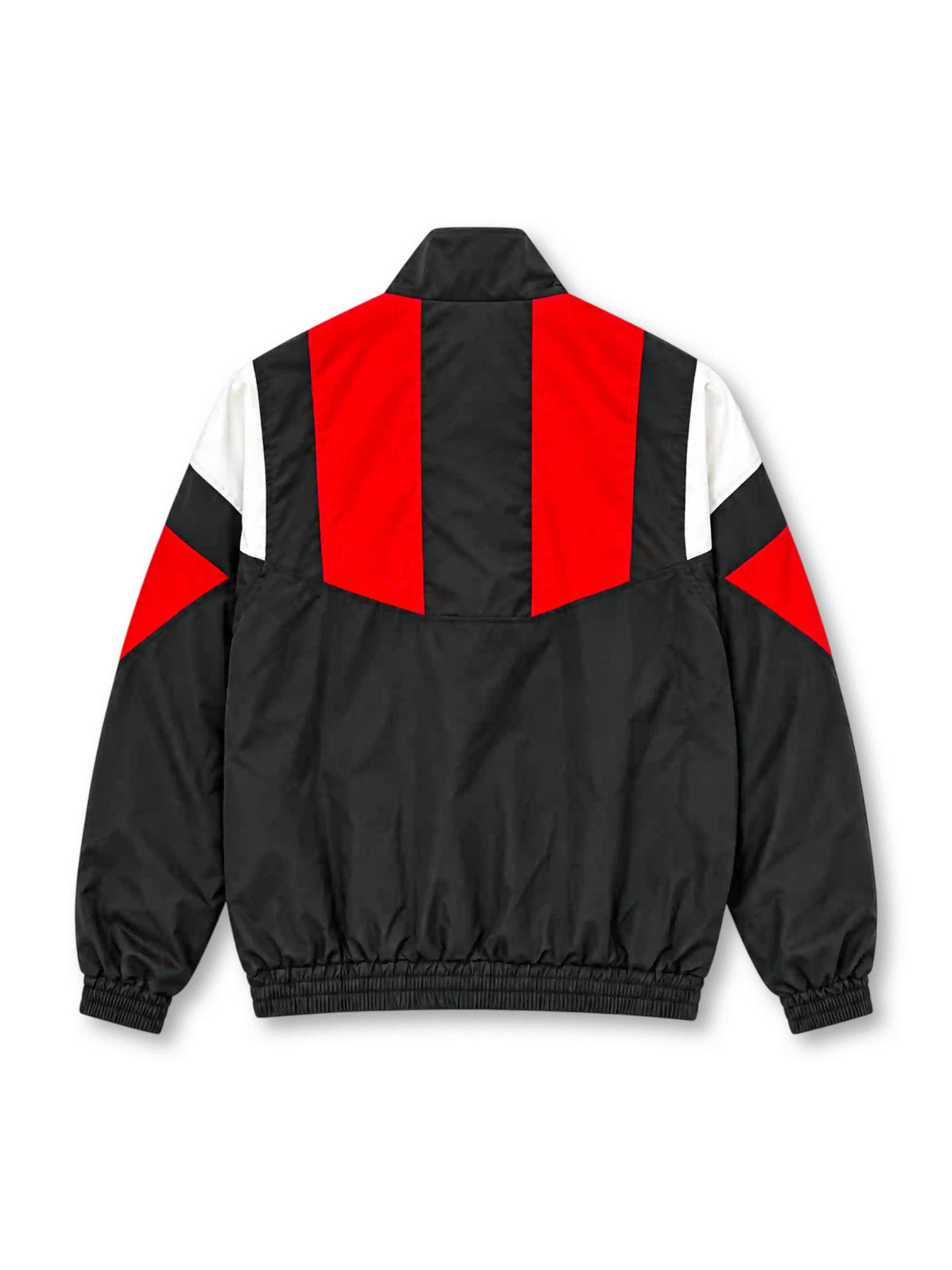 Front view of the Manchester United adidas Originals EQT track jacket in black with red chest panels, white and red geometric sleeve accents, club crest, white adidas Trefoil collar branding, full-length zipper, zippered pockets, and elasticated cuffs.