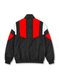 Front view of the Manchester United adidas Originals EQT track jacket in black with red chest panels, white and red geometric sleeve accents, club crest, white adidas Trefoil collar branding, full-length zipper, zippered pockets, and elasticated cuffs.
