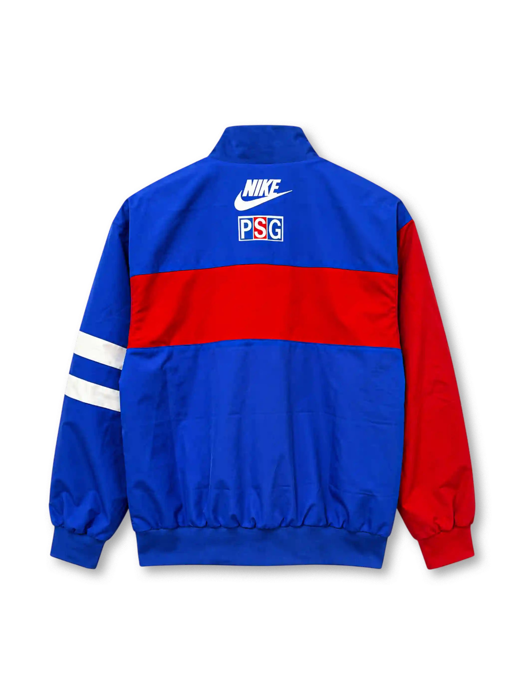 Front view of a Paris Saint-Germain 1996/97-inspired track jacket featuring a royal blue body, red horizontal chest band, red left sleeve, white stripes on the opposite sleeve, white Nike Swoosh, Opel lettering, Paris-themed crest, full zipper, and ribbed cuffs.