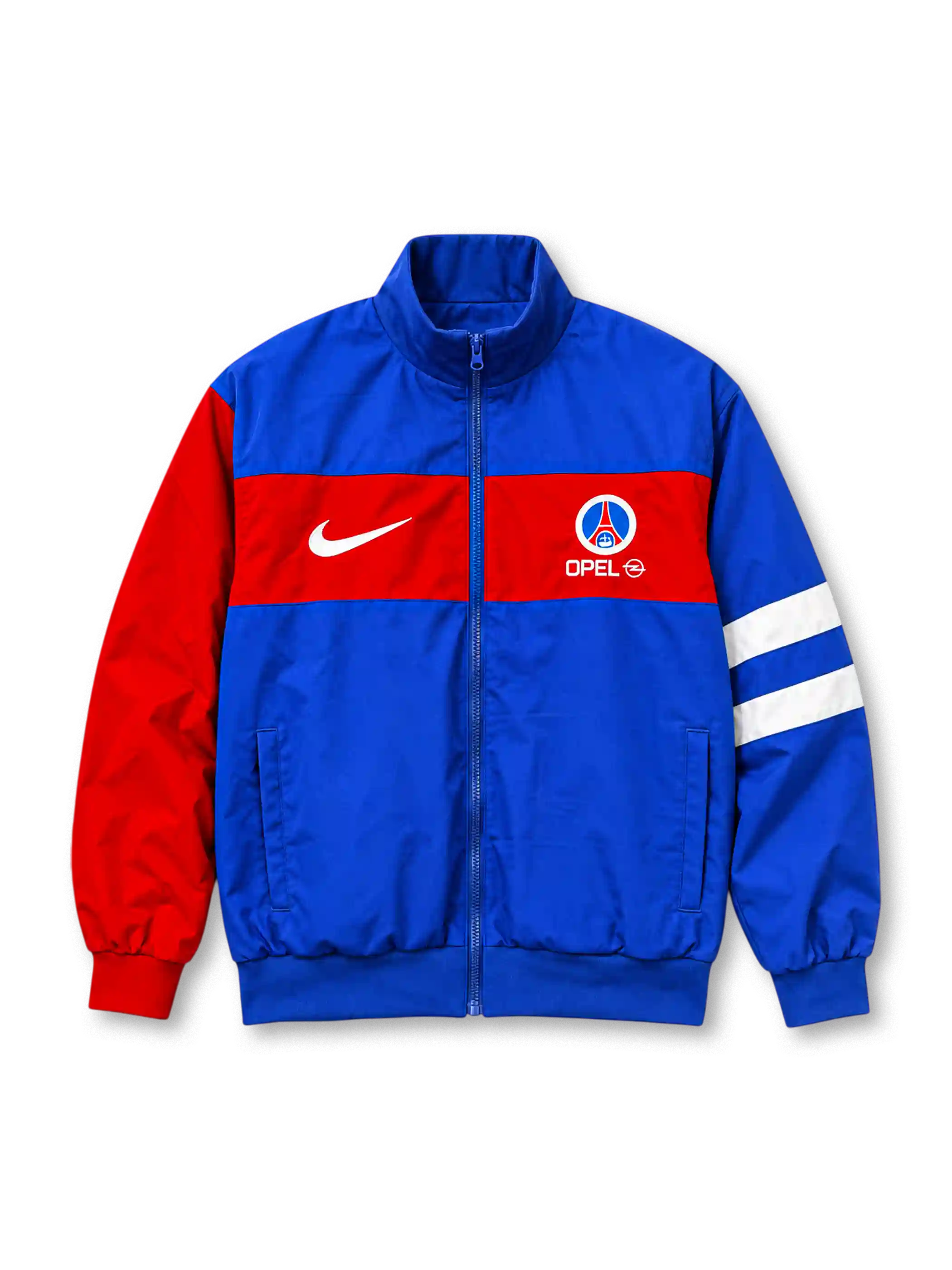 Front view of a Paris Saint-Germain 1996/97-inspired track jacket featuring a royal blue body, red horizontal chest band, red left sleeve, white stripes on the opposite sleeve, white Nike Swoosh, Opel lettering, Paris-themed crest, full zipper, and ribbed cuffs.