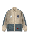 Front view of the England 2026 Nike x Palace track jacket in light grey and slate grey, featuring an all-over cross pattern, co-branded Nike Palace chest emblem, Three Lions crest, white piping, full zipper, front pockets, and elasticated cuffs.
