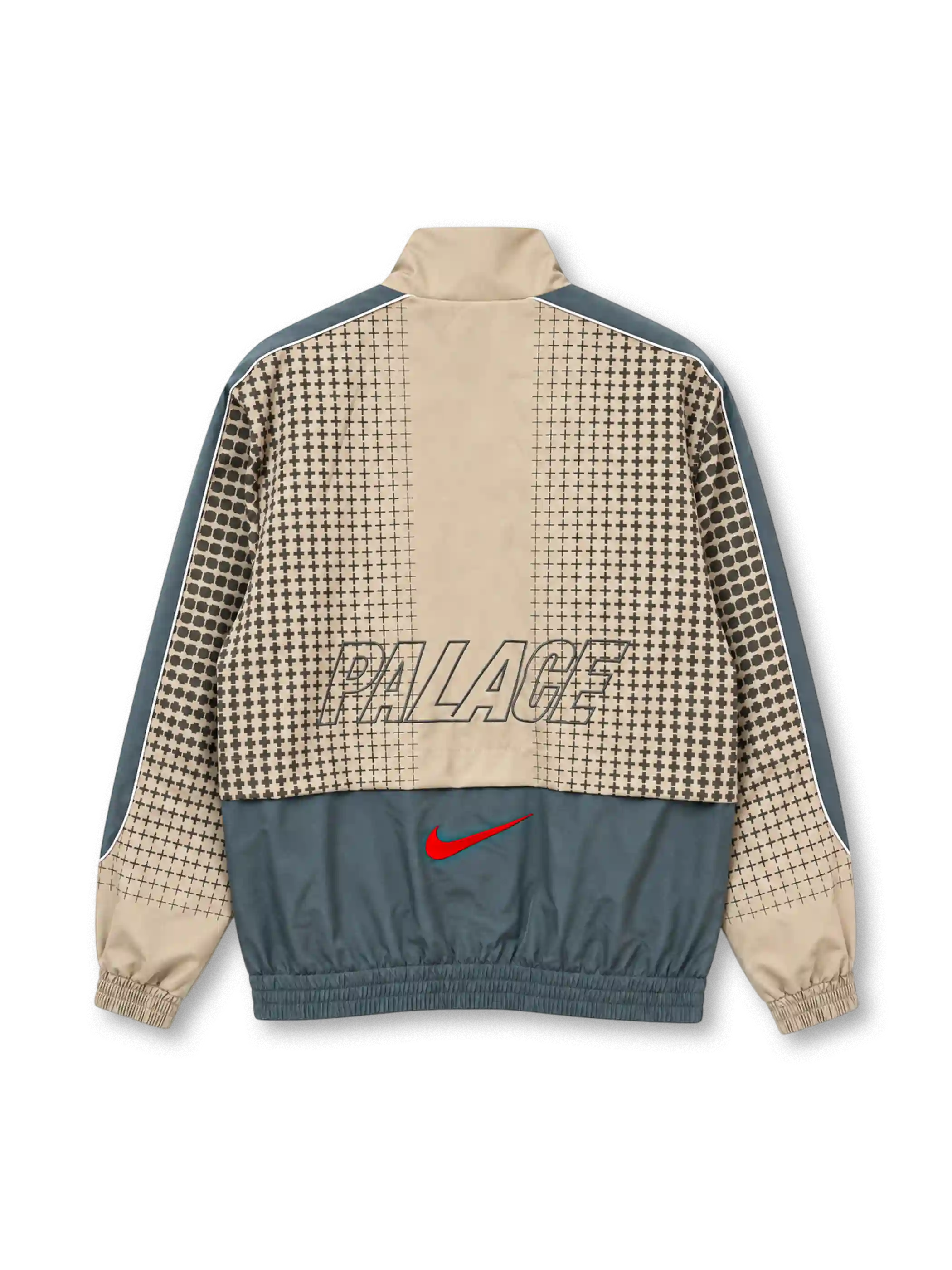 Front view of the England 2026 Nike x Palace track jacket in light grey and slate grey, featuring an all-over cross pattern, co-branded Nike Palace chest emblem, Three Lions crest, white piping, full zipper, front pockets, and elasticated cuffs.