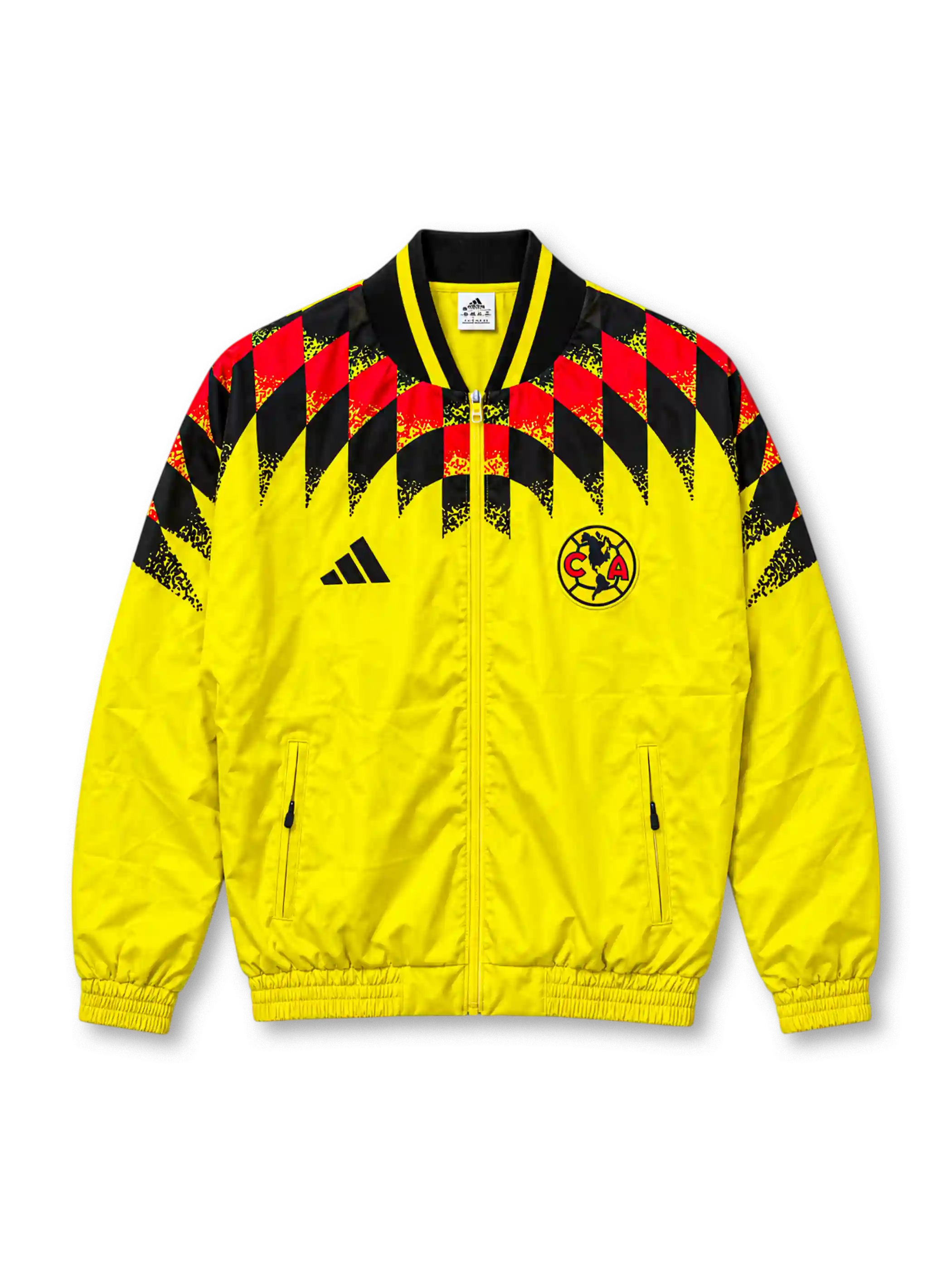 Front view of the adidas Club América 2026/27 Stadium Track Top in bright yellow, featuring a red and black geometric graphic across the shoulders and chest, black adidas performance logo, Club América crest, contrasting V-neck collar, full-length zipper, and zippered front pockets.