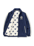 Front view of the Chelsea FC 2012/13 adidas navy blue padded jacket featuring cream-white triple stripes along the sleeves, embroidered Chelsea crest, Samsung sponsor logo, adidas performance branding, high stand-up collar, and two front zippered pockets.