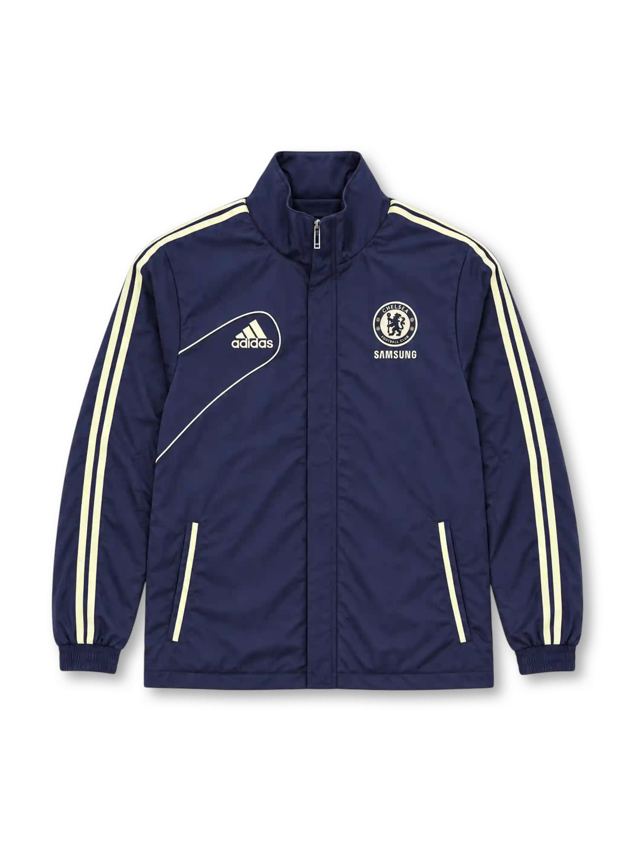 Front view of the Chelsea FC 2012/13 adidas navy blue padded jacket featuring cream-white triple stripes along the sleeves, embroidered Chelsea crest, Samsung sponsor logo, adidas performance branding, high stand-up collar, and two front zippered pockets.