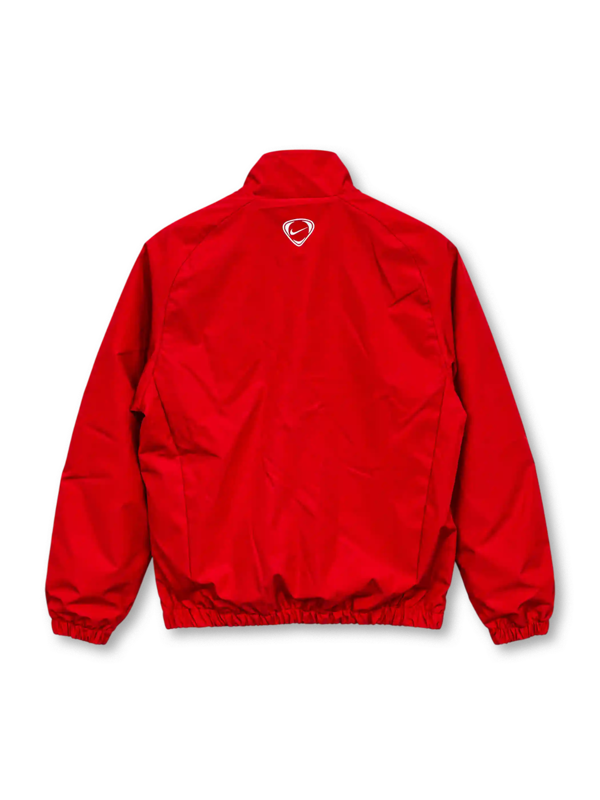 Front view of the Manchester United 2009/10 Nike red track jacket featuring a curved black chest stripe, white Nike Swoosh, Manchester United club crest, AIG sponsor logo, high collar, full-length front zipper, and two zippered pockets.