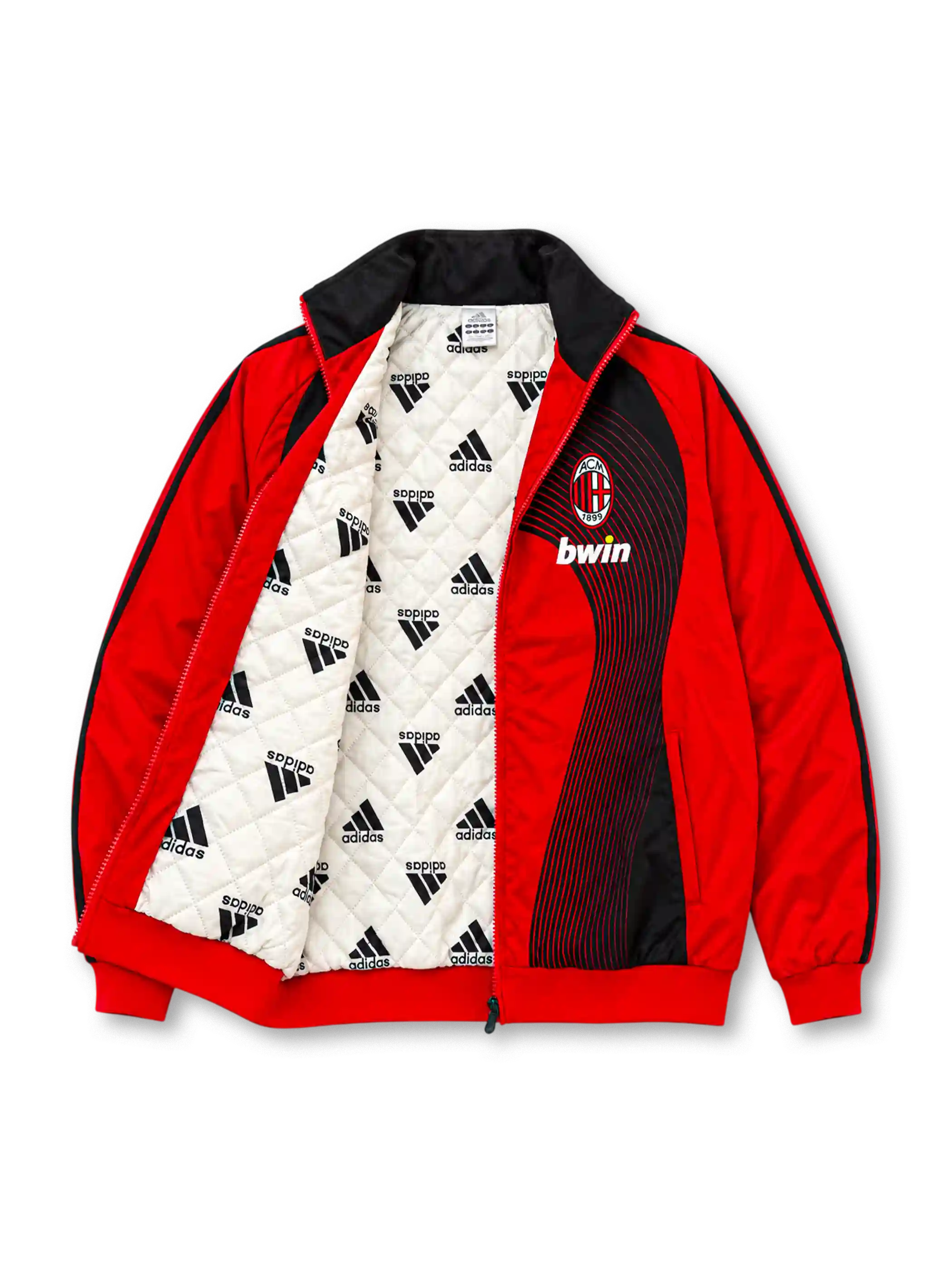 Front view of the AC Milan 2006/07 adidas red and black track jacket featuring a curved black line graphic, AC Milan club crest, white adidas performance logo, bwin sponsor branding, three-stripe sleeves, stand-up collar, and full-length front zipper.