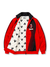 Front view of the AC Milan 2006/07 adidas red and black track jacket featuring a curved black line graphic, AC Milan club crest, white adidas performance logo, bwin sponsor branding, three-stripe sleeves, stand-up collar, and full-length front zipper.