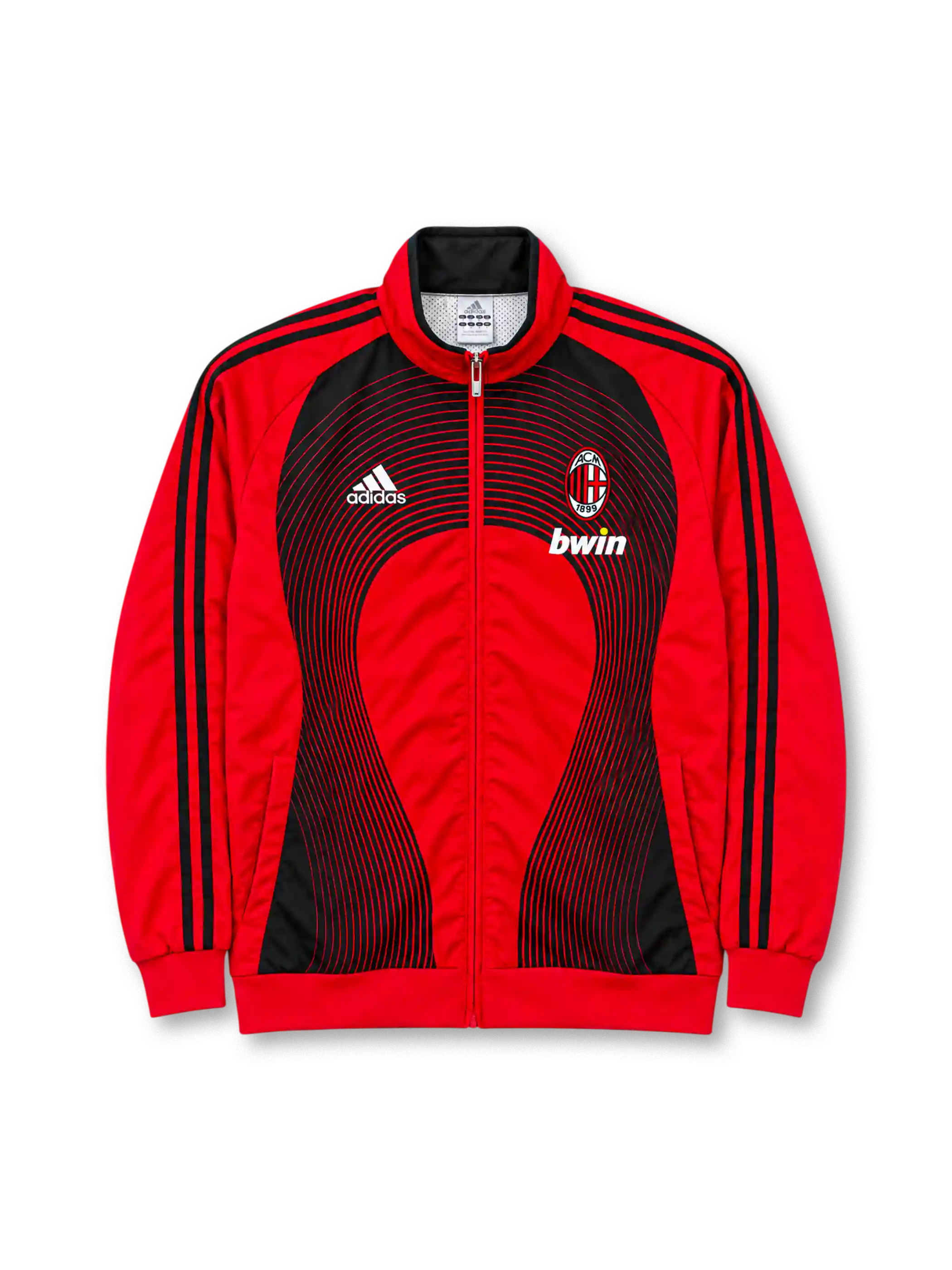 Front view of the AC Milan 2006/07 adidas red and black track jacket featuring a curved black line graphic, AC Milan club crest, white adidas performance logo, bwin sponsor branding, three-stripe sleeves, stand-up collar, and full-length front zipper.