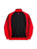Front view of the AC Milan 2006/07 adidas red and black track jacket featuring a curved black line graphic, AC Milan club crest, white adidas performance logo, bwin sponsor branding, three-stripe sleeves, stand-up collar, and full-length front zipper.