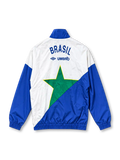 Front view of the Brazil 1993-94 Umbro national team track jacket featuring a large geometric star graphic in yellow and green, royal blue sleeves, white shoulder panels, an embroidered CBF crest, Umbro logo, full zip closure, and elasticated cuffs and hem.