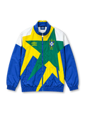 Front view of the Brazil 1993-94 Umbro national team track jacket featuring a large geometric star graphic in yellow and green, royal blue sleeves, white shoulder panels, an embroidered CBF crest, Umbro logo, full zip closure, and elasticated cuffs and hem.