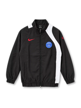 Front view of the Paris Saint-Germain 2025-26 Nike T90 Repel Track Jacket in black with an asymmetric white shoulder and side panel, red Nike Swoosh, blue PSG crest, Total 90 sleeve emblem, raised collar, full-length zipper, and elasticated cuffs and hem.