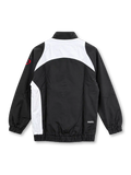 Front view of the Paris Saint-Germain 2025-26 Nike T90 Repel Track Jacket in black with an asymmetric white shoulder and side panel, red Nike Swoosh, blue PSG crest, Total 90 sleeve emblem, raised collar, full-length zipper, and elasticated cuffs and hem.
