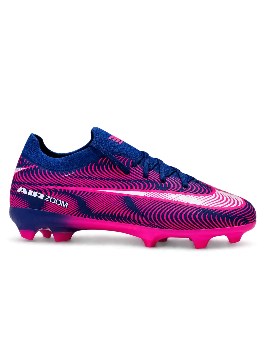 Nike Mercurial-style FG soccer cleats in navy blue and neon pink with wave graphics, a low-cut upper, and a bright pink studded outsole.