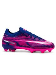 Nike Mercurial-style FG soccer cleats in navy blue and neon pink with wave graphics, a low-cut upper, and a bright pink studded outsole.