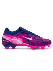 Nike Mercurial-style FG soccer cleats in navy blue and neon pink with wave graphics, a low-cut upper, and a bright pink studded outsole.