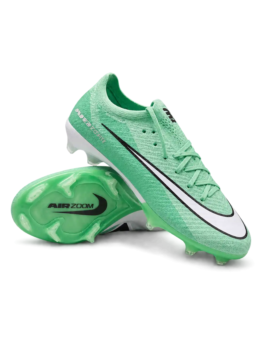 Nike Mercurial FG soccer cleats in mint green with a white Swoosh outlined in black, mint laces, and a translucent green Air Zoom soleplate, shown from the lateral side and outsole.