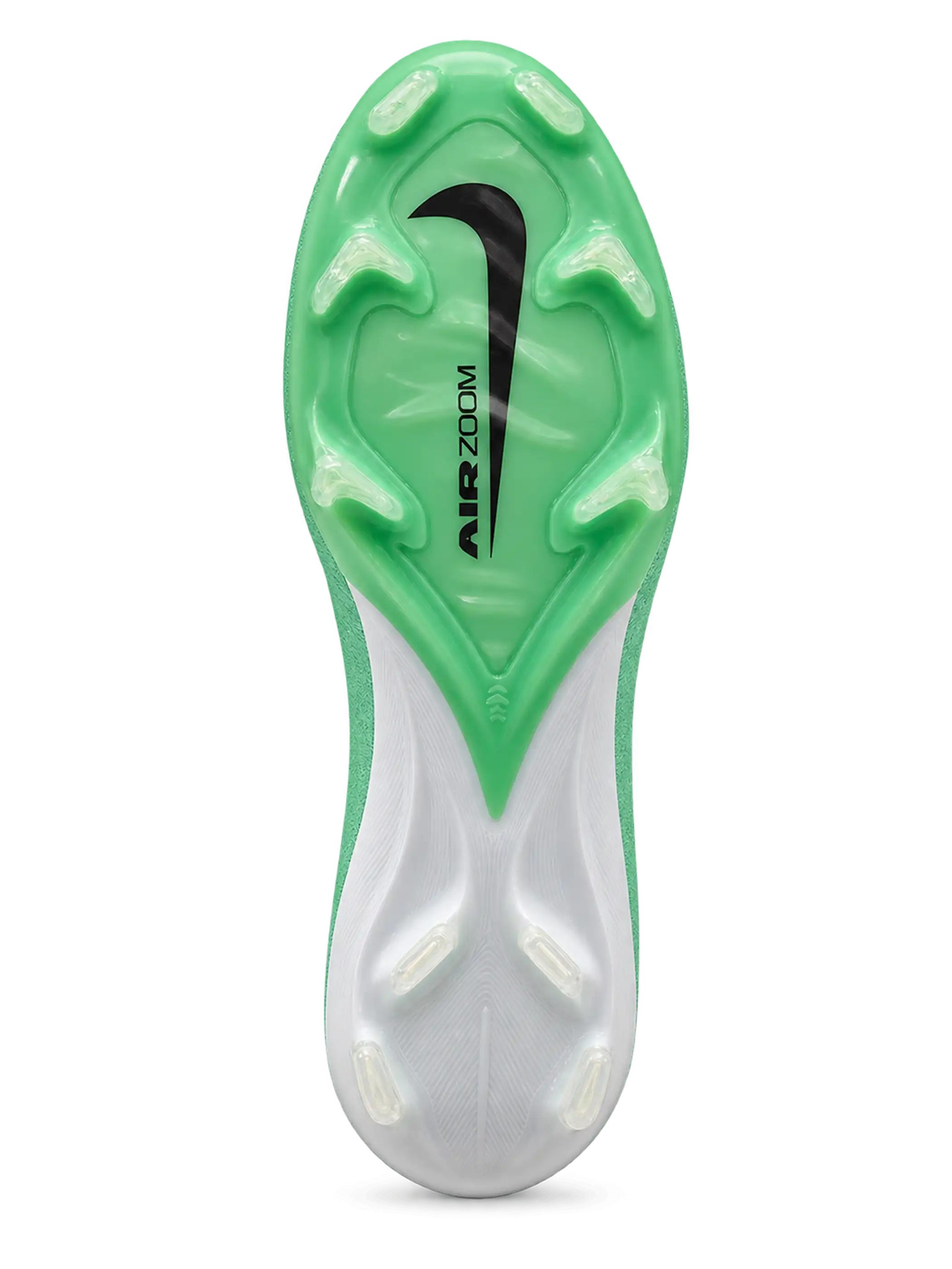 Nike Mercurial FG soccer cleats in mint green with a white Swoosh outlined in black, mint laces, and a translucent green Air Zoom soleplate, shown from the lateral side and outsole.