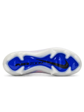Nike Mercurial Vapor 15 Elite FG soccer cleats in white with pink and blue streak graphics, a blue-to-teal gradient Swoosh, blue Air Zoom heel lettering, and a blue Air Zoom soleplate, shown from the lateral side and outsole.