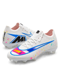 Nike Mercurial FG soccer cleats in white with multicolor confetti speckles, a blue-outlined Swoosh, a pink and orange painted toe graphic, and a black M heel logo, shown as a pair from the side and rear.