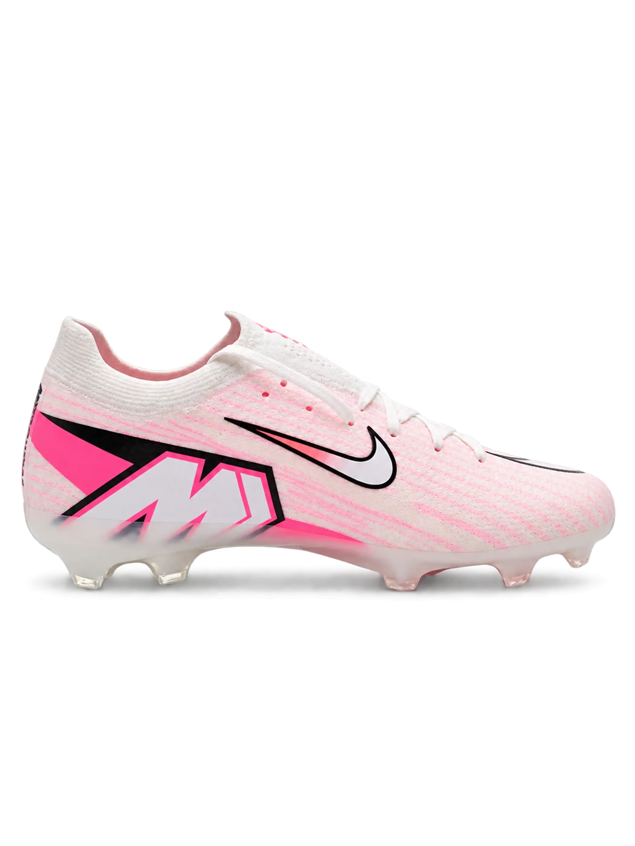Nike Mercurial FG soccer cleats in white and pink with fine pink streak graphics, a black-outlined Swoosh fading to coral pink, pink Air Zoom heel lettering, and an oversized M heel logo, shown as a pair.