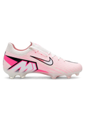 Nike Mercurial FG soccer cleats in white and pink with fine pink streak graphics, a black-outlined Swoosh fading to coral pink, pink Air Zoom heel lettering, and an oversized M heel logo, shown as a pair.