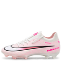 Nike Mercurial FG soccer cleats in white and pink with fine pink streak graphics, a black-outlined Swoosh fading to coral pink, pink Air Zoom heel lettering, and an oversized M heel logo, shown as a pair.