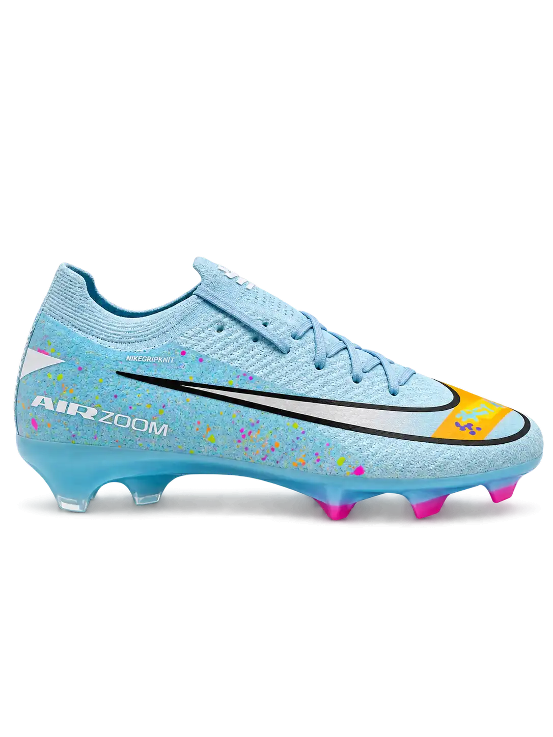 Nike Mercurial FG soccer cleats in light blue with multicolor confetti speckles, a black-outlined silver Swoosh, an orange painted toe graphic, an oversized M heel logo, and pink-tipped studs, shown as a pair.
