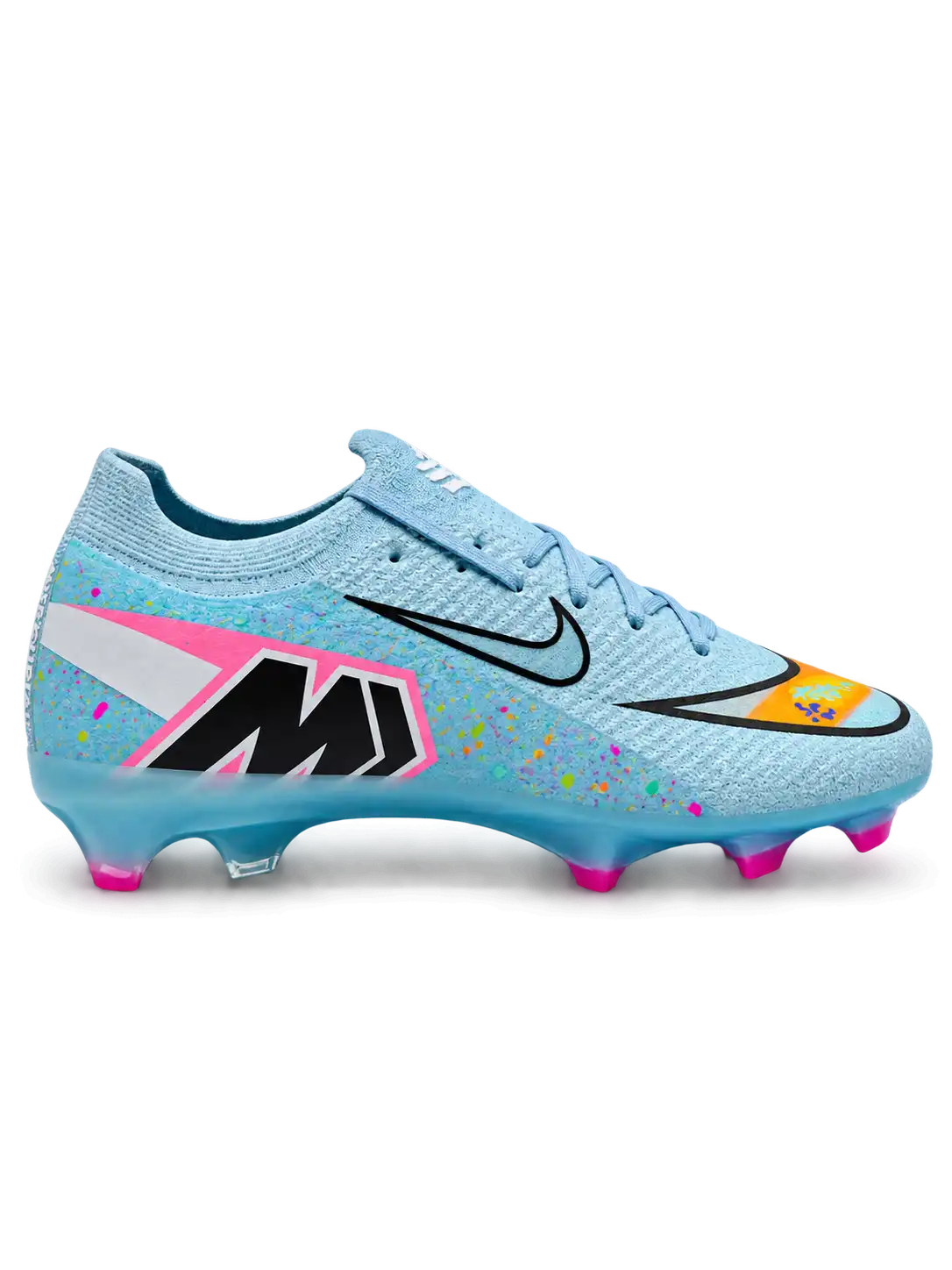 Nike Mercurial FG soccer cleats in light blue with multicolor confetti speckles, a black-outlined silver Swoosh, an orange painted toe graphic, an oversized M heel logo, and pink-tipped studs, shown as a pair.