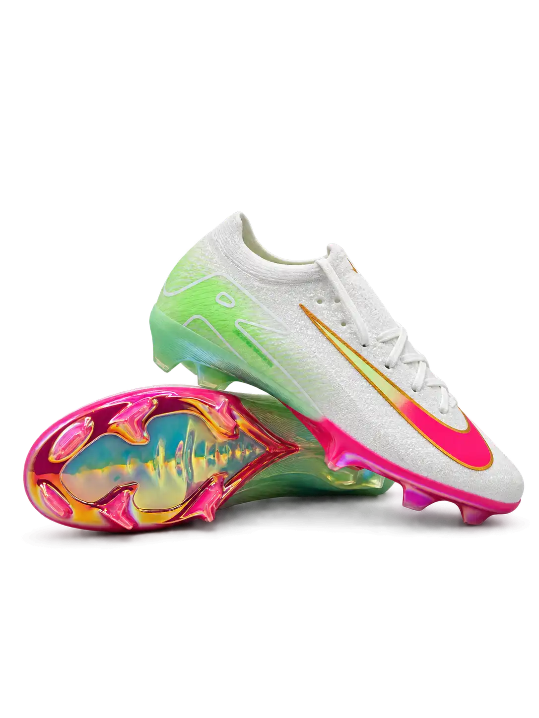 Nike Mercurial FG soccer cleats in white with a lime green heel fade, a gold-outlined Swoosh fading from green to pink, and an iridescent pink and gold FG soleplate, shown from the lateral side and outsole.