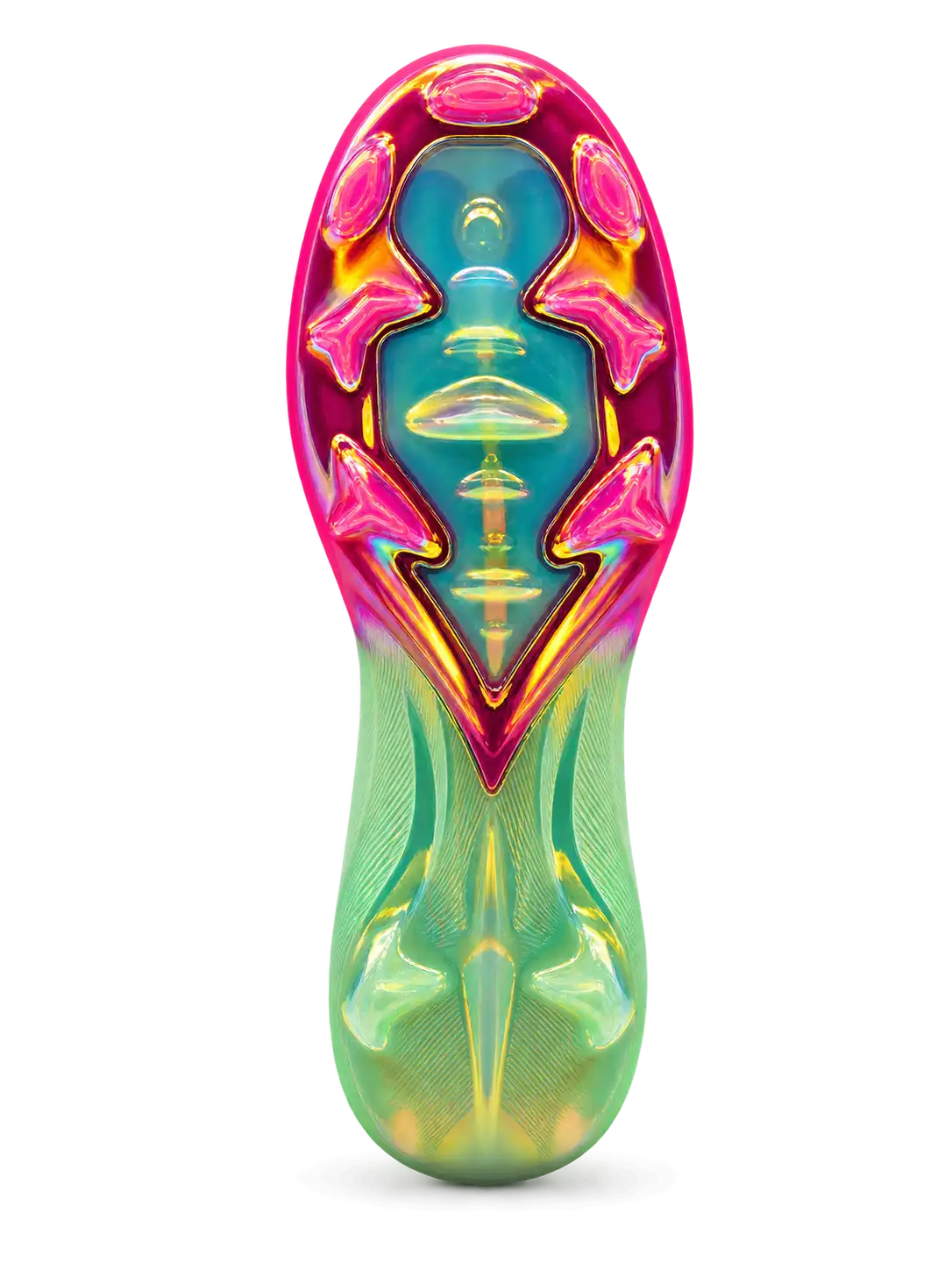Nike Mercurial FG soccer cleats in white with a lime green heel fade, a gold-outlined Swoosh fading from green to pink, and an iridescent pink and gold FG soleplate, shown from the lateral side and outsole.
