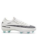 White Nike Mercurial-style FG soccer cleats with black patterned Swoosh, AIR ZOOM graphics, and translucent mint-colored studs, shown from the side and outsole.