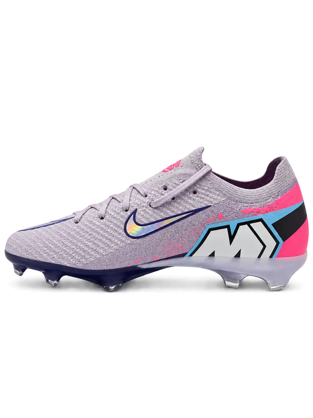 Nike Mercurial FG soccer cleats in lilac with a pink heel panel, pink paint-splatter accents, a navy-outlined holographic Swoosh, and Air Zoom heel lettering, plus a navy soleplate with a blue Air Zoom window, shown from the lateral side and outsole.
