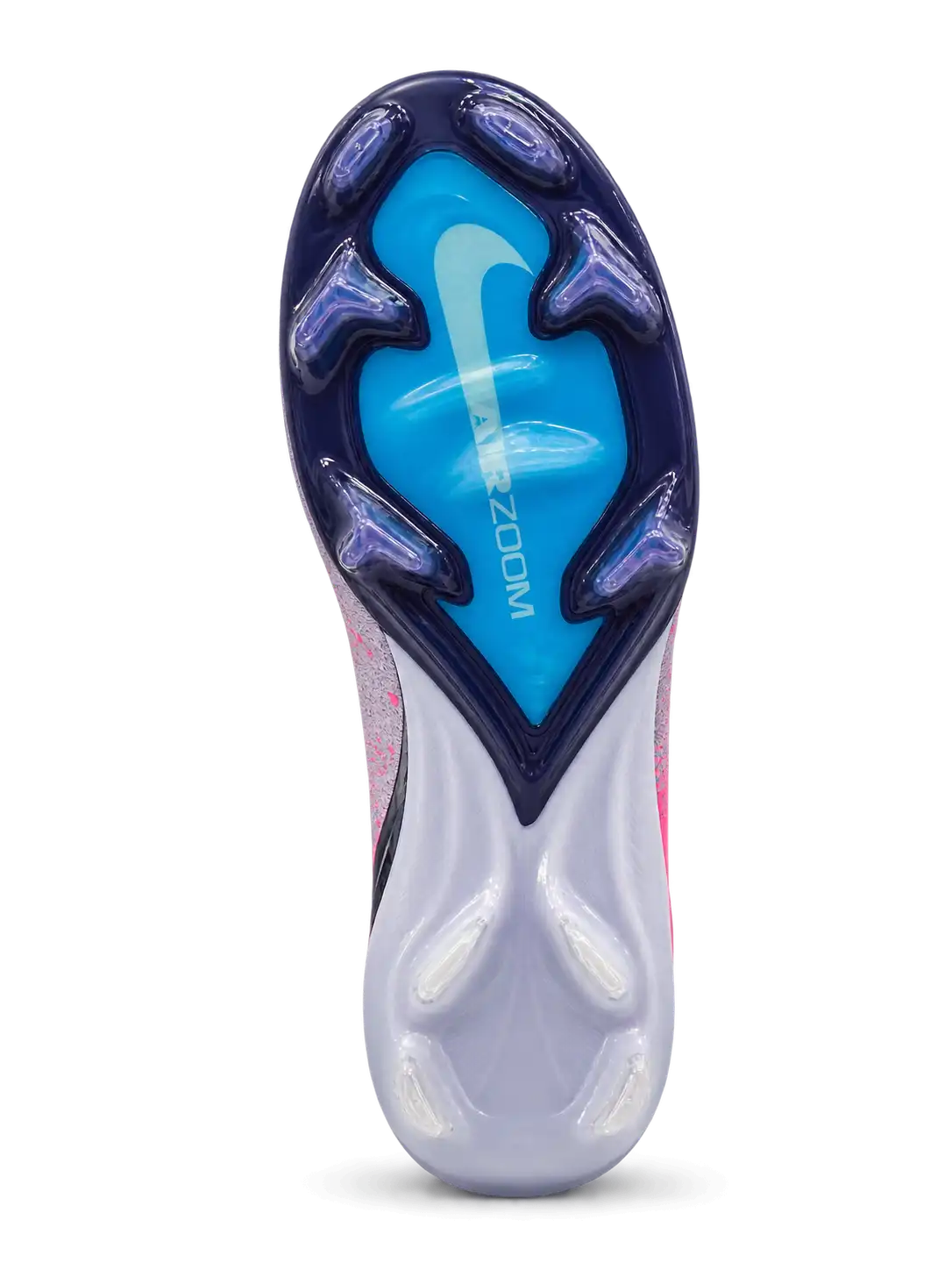 Nike Mercurial FG soccer cleats in lilac with a pink heel panel, pink paint-splatter accents, a navy-outlined holographic Swoosh, and Air Zoom heel lettering, plus a navy soleplate with a blue Air Zoom window, shown from the lateral side and outsole.