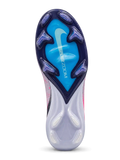 Nike Mercurial FG soccer cleats in lilac with a pink heel panel, pink paint-splatter accents, a navy-outlined holographic Swoosh, and Air Zoom heel lettering, plus a navy soleplate with a blue Air Zoom window, shown from the lateral side and outsole.