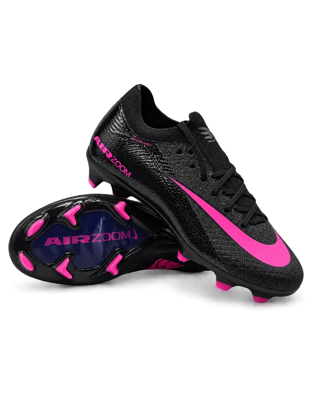 Nike Mercurial FG soccer cleats in black with a hot pink Swoosh and pink Air Zoom heel lettering, plus a black soleplate with a navy Air Zoom window and pink-tipped studs, shown from the lateral side and outsole.
