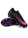 Nike Mercurial FG soccer cleats in black with a hot pink Swoosh and pink Air Zoom heel lettering, plus a black soleplate with a navy Air Zoom window and pink-tipped studs, shown from the lateral side and outsole.