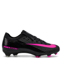 Nike Mercurial FG soccer cleats in black with a hot pink Swoosh and pink Air Zoom heel lettering, plus a black soleplate with a navy Air Zoom window and pink-tipped studs, shown from the lateral side and outsole.