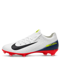 White Nike Mercurial-style FG soccer cleats with black Swoosh, navy gradient heel, neon yellow MERCURIAL lettering, and glossy red AIR ZOOM-branded outsole.