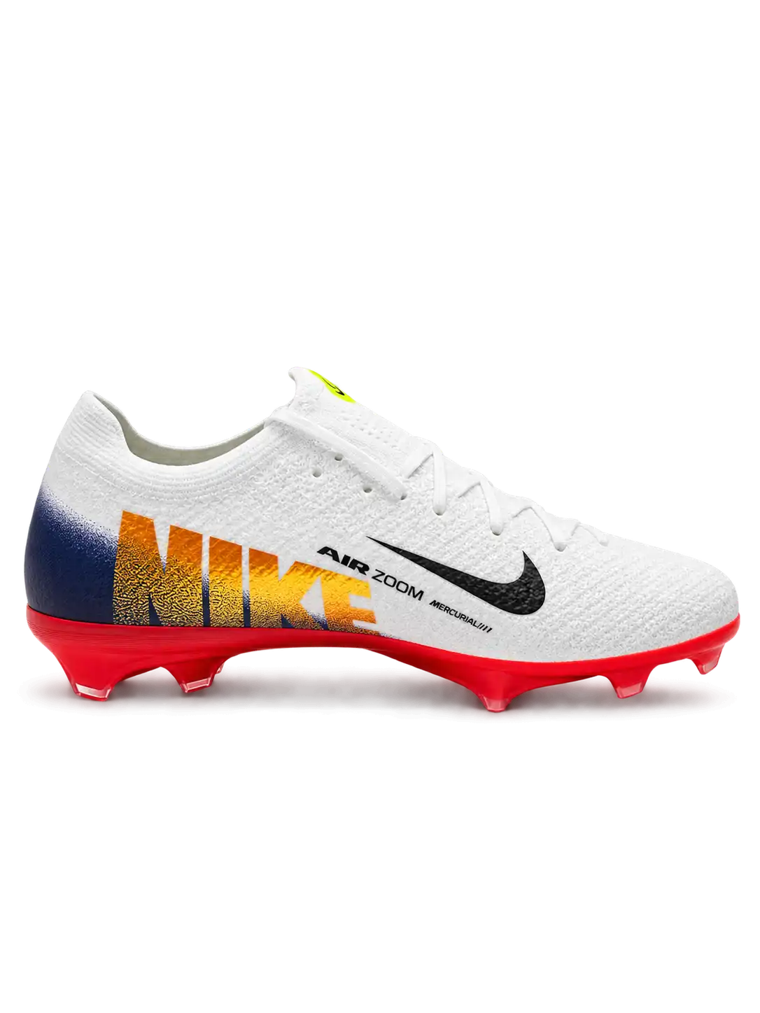 White Nike Mercurial-style FG soccer cleats with black Swoosh, navy gradient heel, neon yellow MERCURIAL lettering, and glossy red AIR ZOOM-branded outsole.